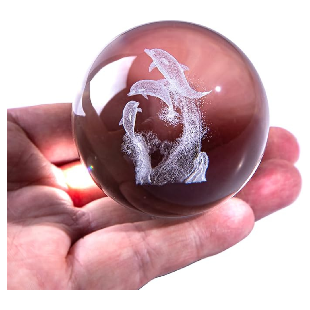60 Mm Dolphin Crystal Ball Paperweight With Flower Stand