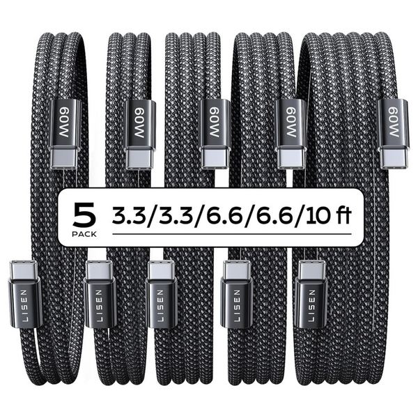 5-Pack Lisen 60W USB-C Charger Cables (3.3/3.3/6.6/6.6/10 ft)
