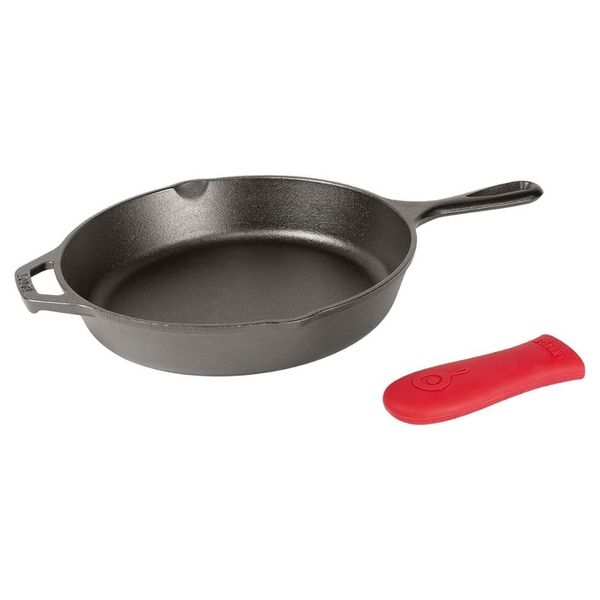 Lodge 12 Inch Cast Iron Skillet With Red Silicone Hot Handle Holder