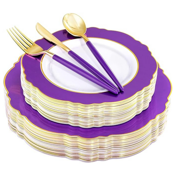 150-Piece Plastic Disposable Dinnerware Set for 30 Guests (Purple & Gold)