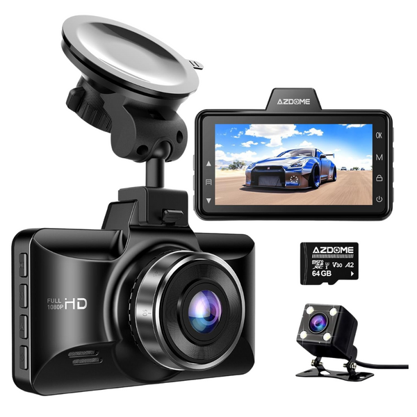 1080P FHD Front And Rear Dual Dash Cam With Screen & 64 GB Card