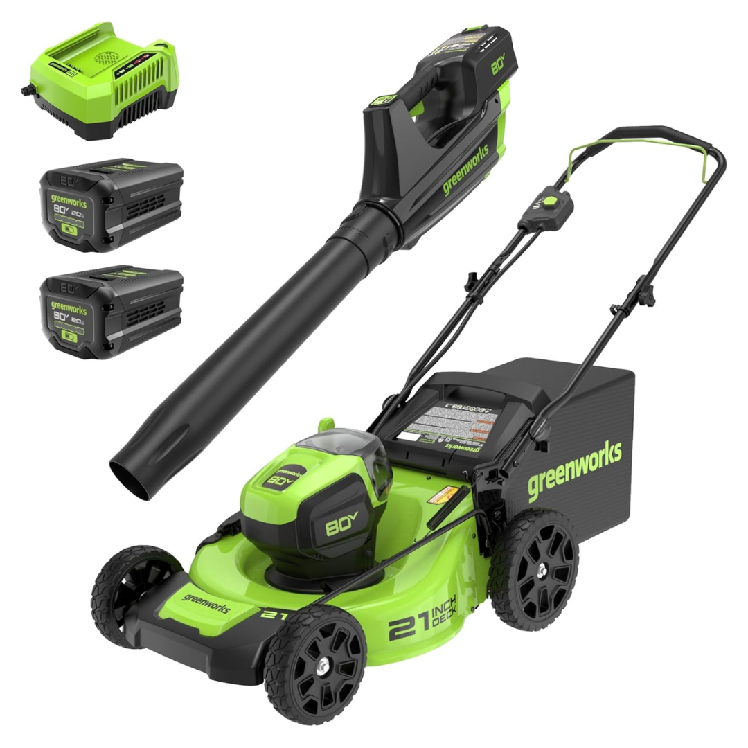 Greenworks 80V 21” Brushless (Push) Cordless Electric Lawn Mower + (500 CFM) Axial Leaf Blower, (2) 2.0Ah Batteries And 30 Minute Rapid Charger