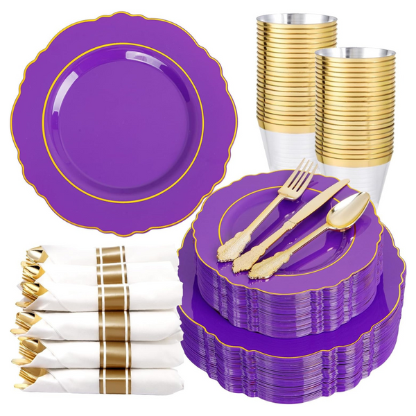 Liacere 350 Pcs Purple And Gold Plastic Dinnerware Set With Pre-Rolled Cutlery And Napkins (Service For 50)