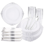 Liacere 350 Pcs Silver Plastic Disposable Plastic Dinnerware Set With Pre-Rolled Napkins And Cutlery (Service For 50)