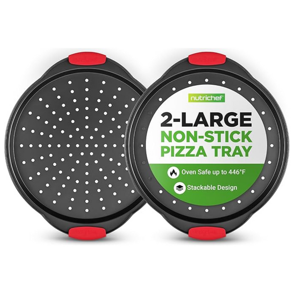 2-Pack 13" NutriChef Round Carbon Steel Non-Stick Pizza Tray With Holes