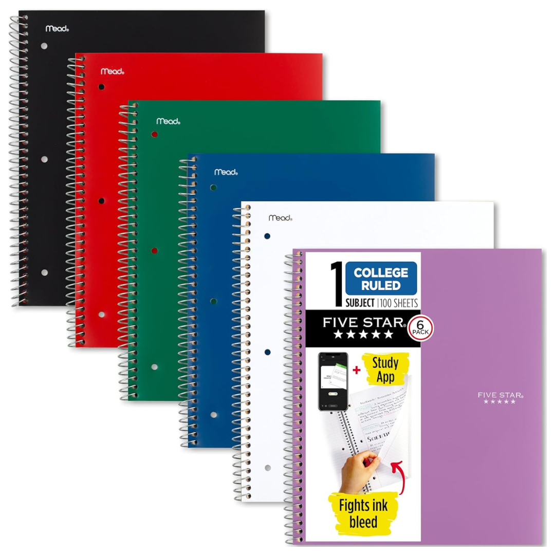 6-Pack 100-Sheets Five Star 8-1/2" x 11" Spiral Notebook