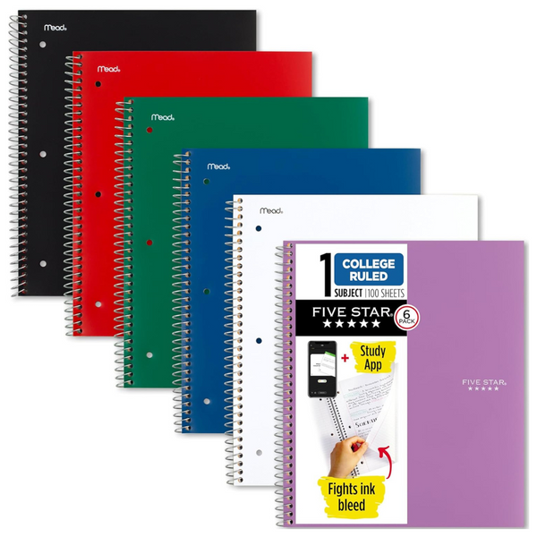 6-Pack 100-Sheets Five Star 8-1/2" x 11" Spiral Notebook