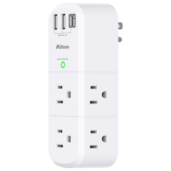 Mifaso 6-Outlet Extender 1800J Surge Protector W/ Rotating Plug & 3x USB Ports