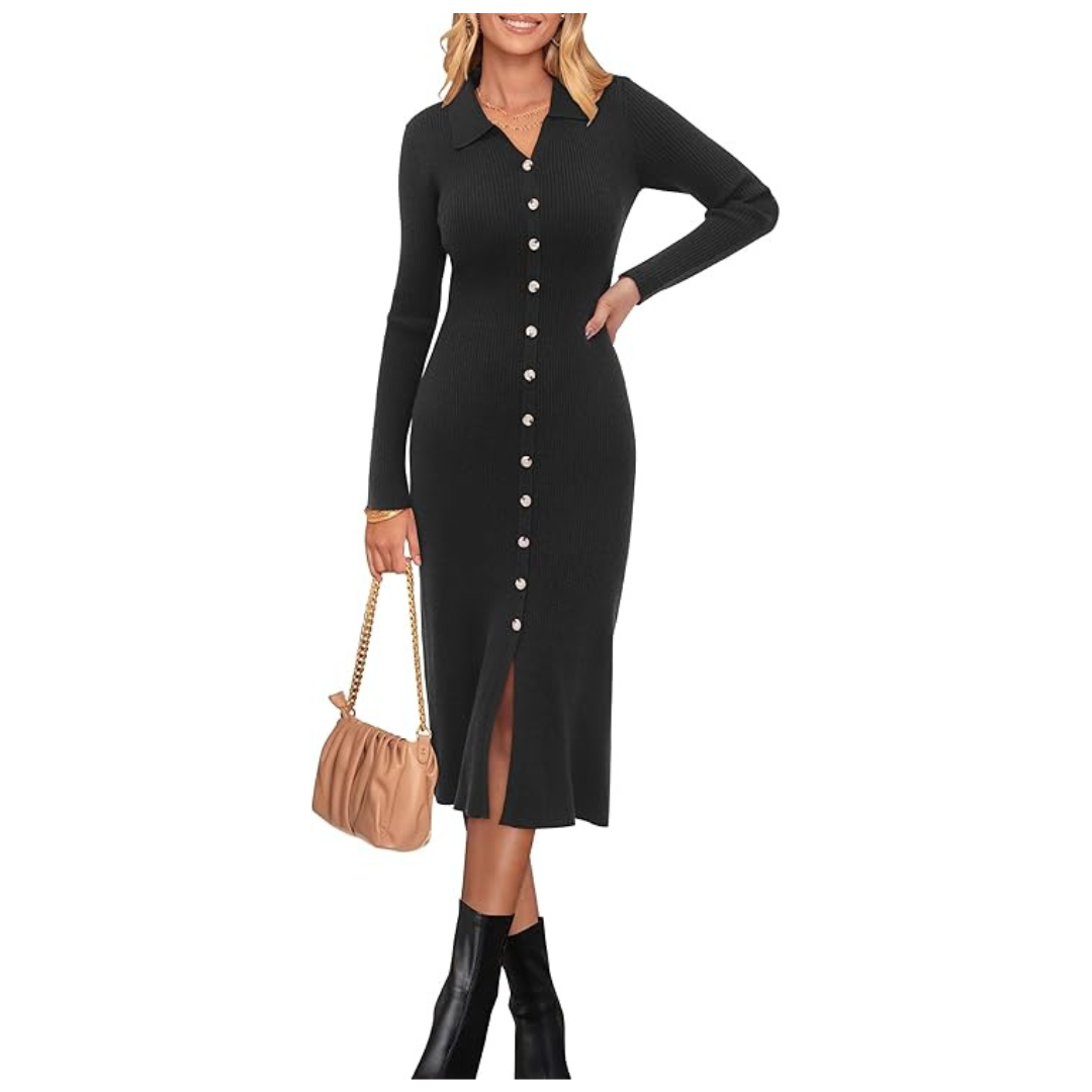 Newshows Womens Long Sleeve Ribbed Knit Sweater Dress (Black, M)