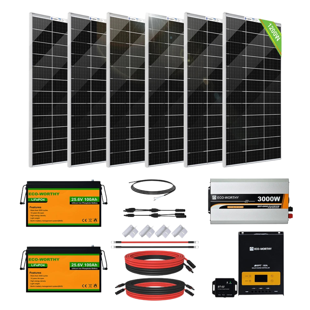 ECO-WORTHY 1170W Solar Kit (6 Panels, 3000W Inverter, 2 x 24V 100Ah LP Battery)