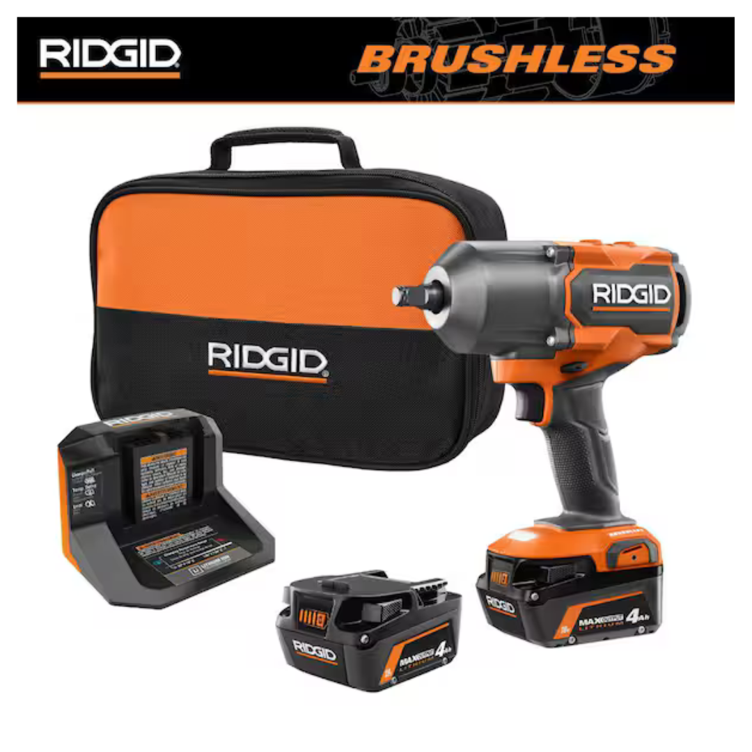 RIDGID 18V Brushless Cordless 4-Mode 1/2" High-Torque Impact Wrench Kit With (2) 4.0 Ah Lithium-Ion Batteries and Charger