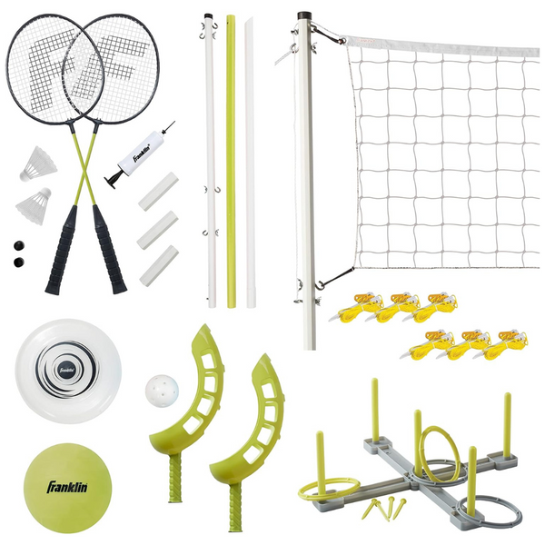 Franklin Sports Fun 5 Combo Outdoor Game Set – Badminton, Volleyball, Flip Toss, Flying Disc, Ring Toss