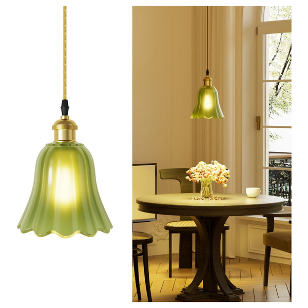 Pendant Light with Vintage Green Glass Petal Lampshade
