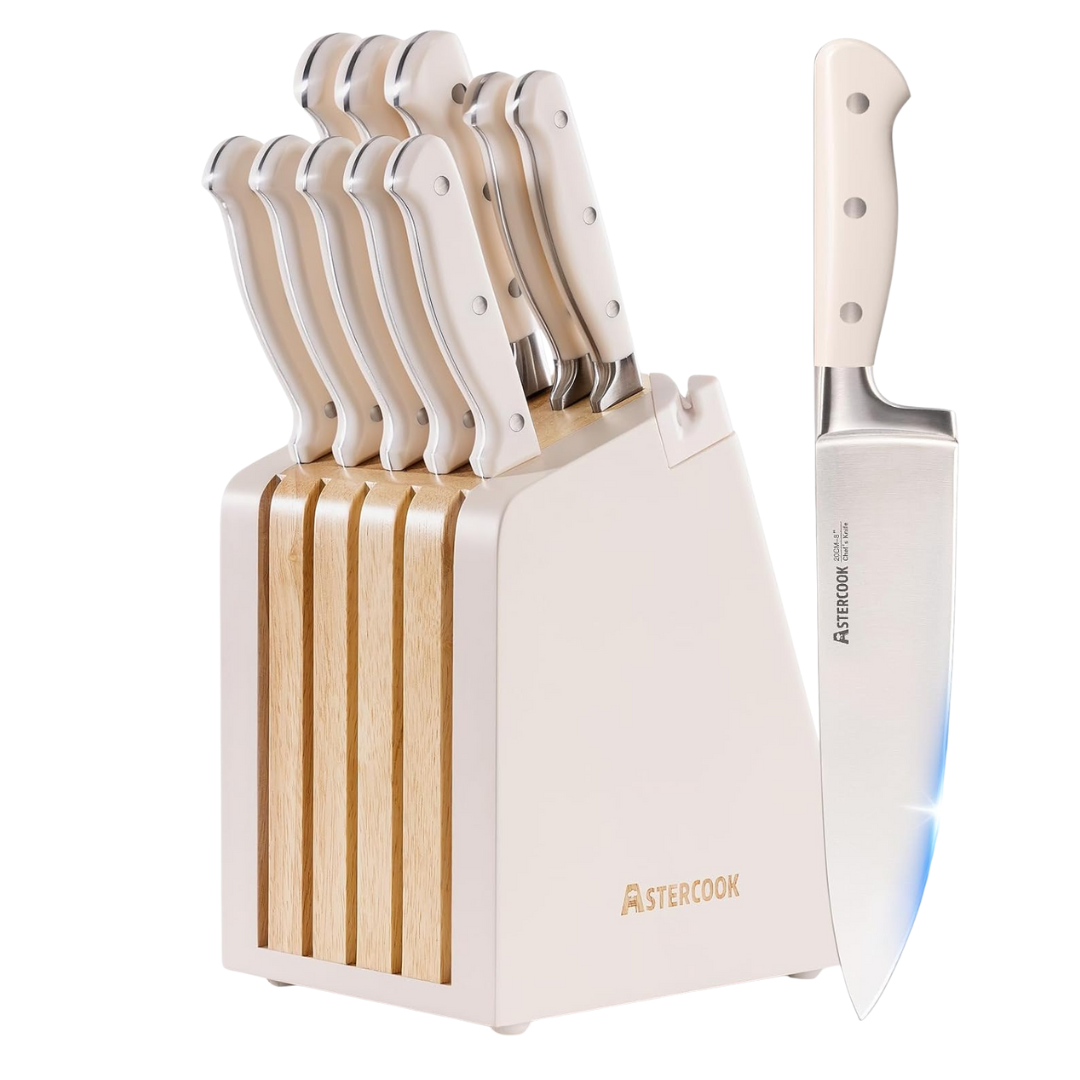12-Piece Astercook Kitchen Knife Set With Block And Sharpener (Cream White)