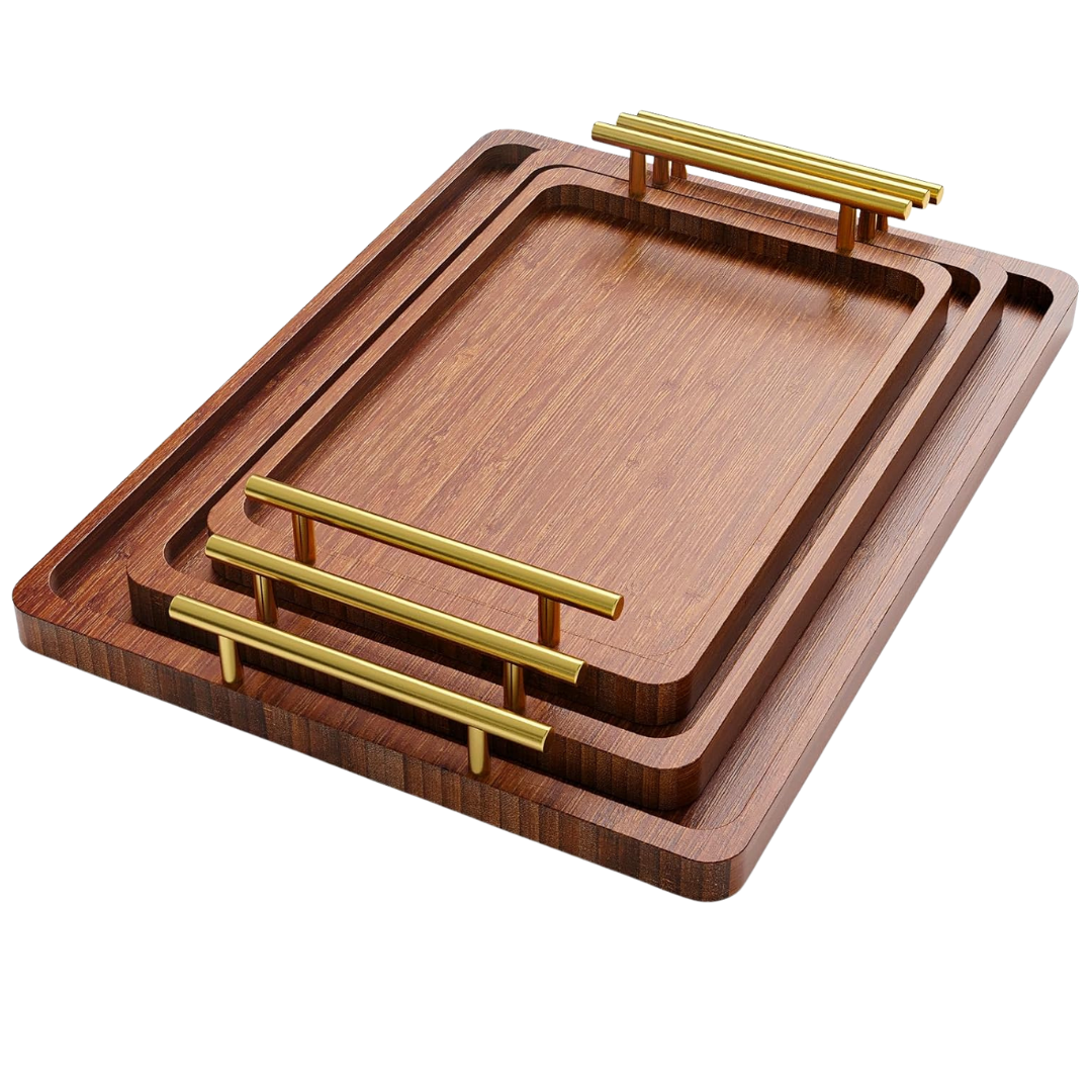 3-Pack Bamboo Serving Trays With Metal Handles
