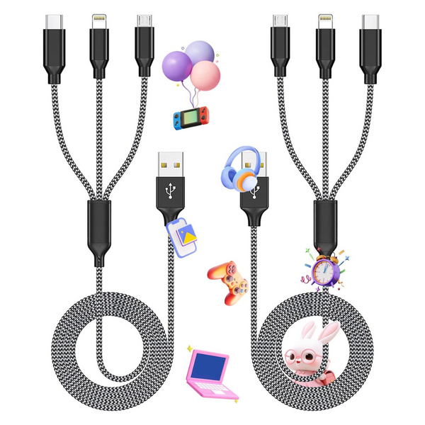 2-Pack 4-Feet 3-in-1 Braided Charging Cable (USB-C/Micro USB/Lightning)