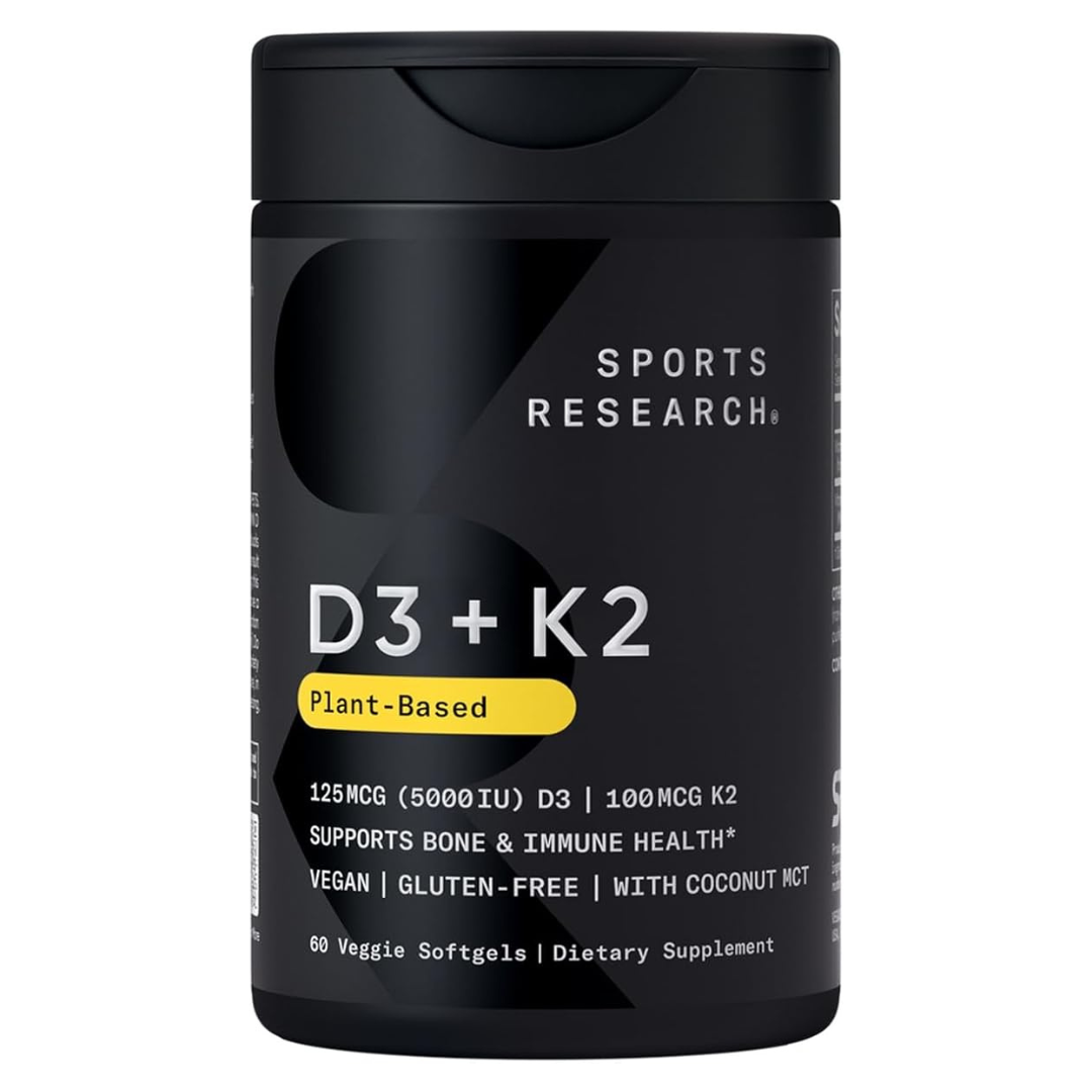 60-Count Sports Research Vegan 5000IU D3 + K2 Vitamin Softgels