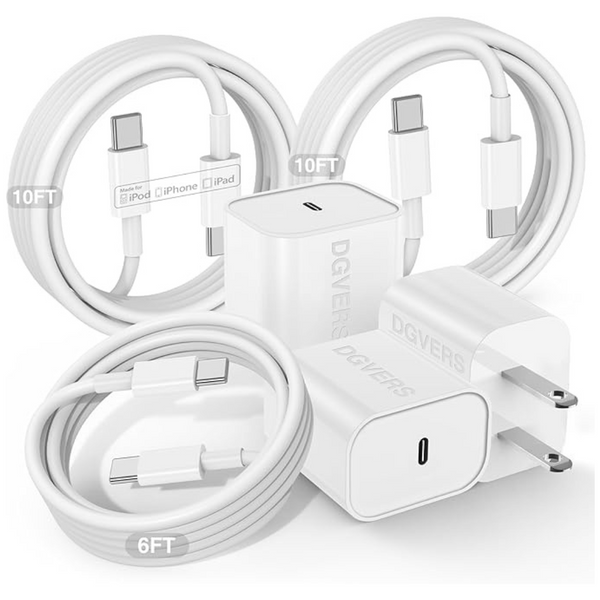 3-Pack USB-C to USB-C Charger Cables w/ 20W Type-C Block