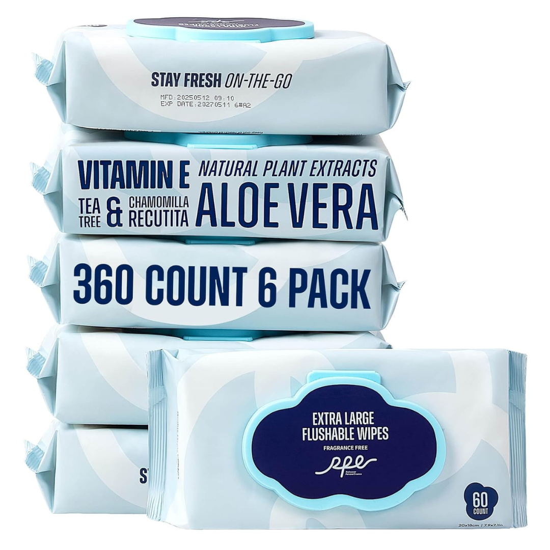 6-Pack (360 Count) RPE Life Unscented Flushable Wet Wipes