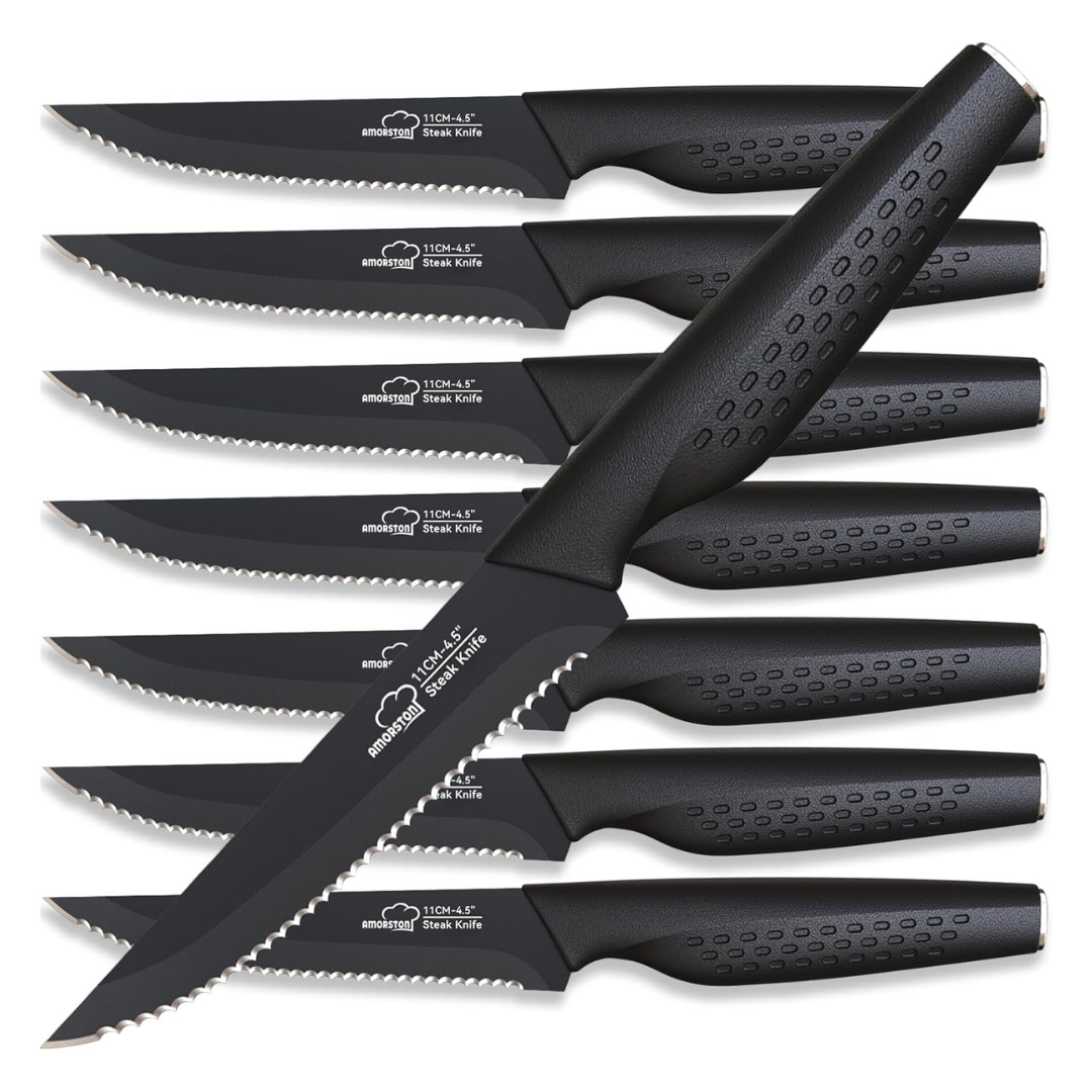 8-Piece High Carbon Stainless Steel Serrated Kitchen Knife Set (Elegant Black)