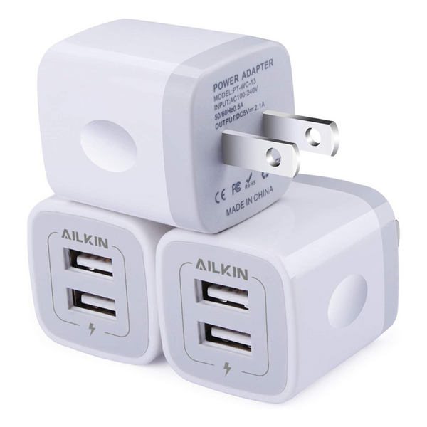 3 Pack 5V/2.1A AILKIN 2-Port USB Wall Charger