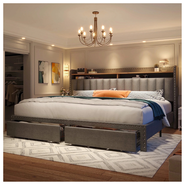 EnHomee Upholstered King Size Bed Frame With Headboard & Storage