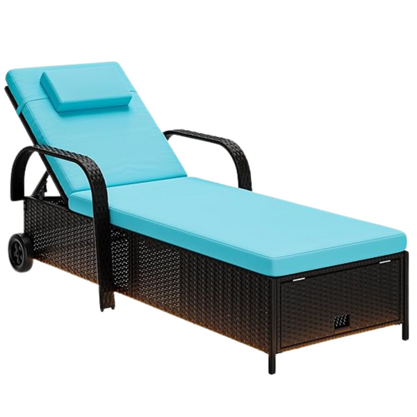 LED Wicker Patio Chaise Lounge Chair With Wheels & Storage