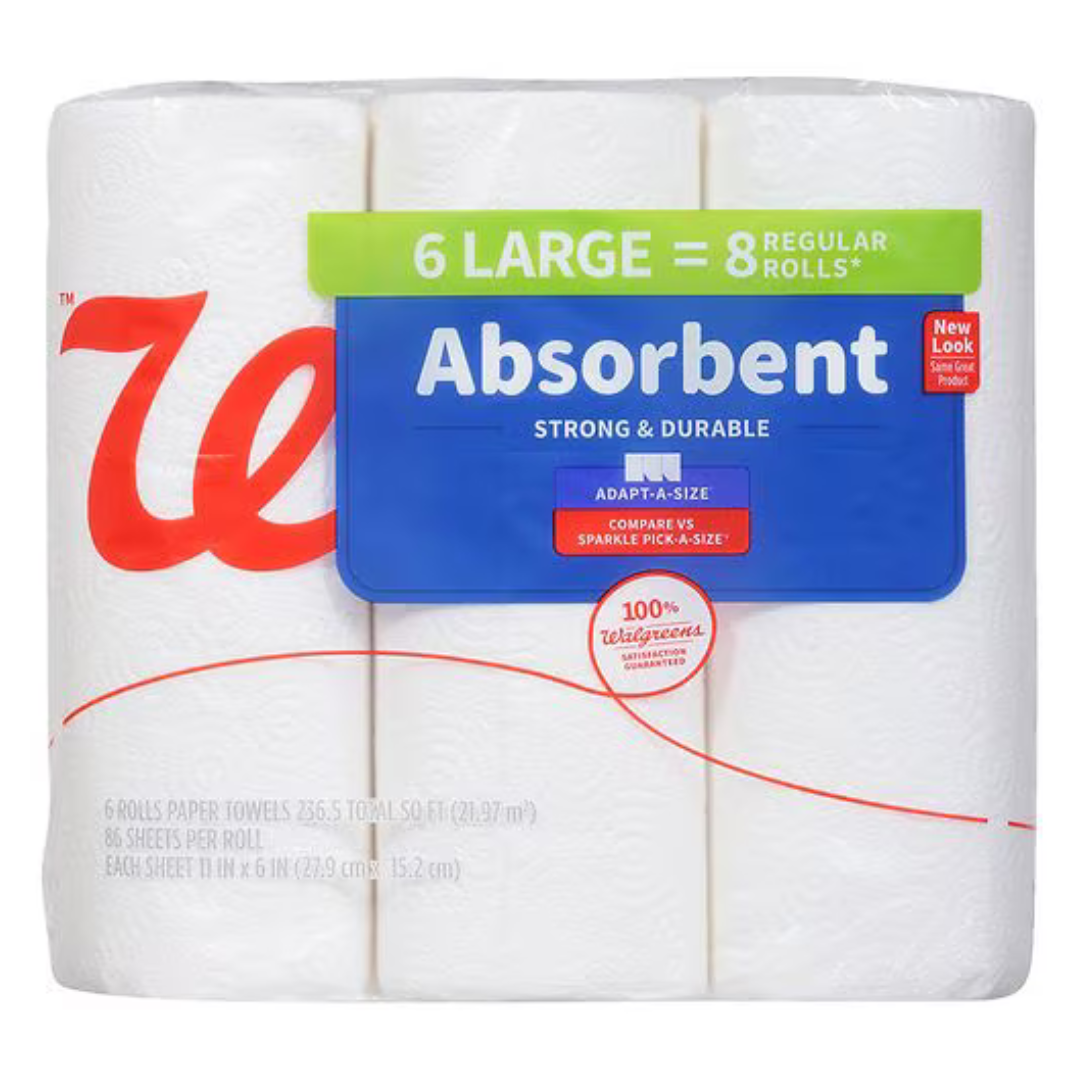 6 Rolls Walgreens Absorbent Paper Towels