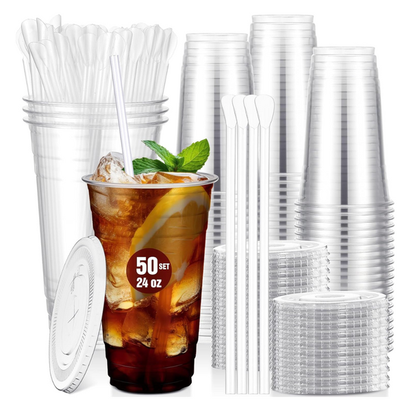 50-Pack 24oz Disposable Plastic Cups With Lids & Straws