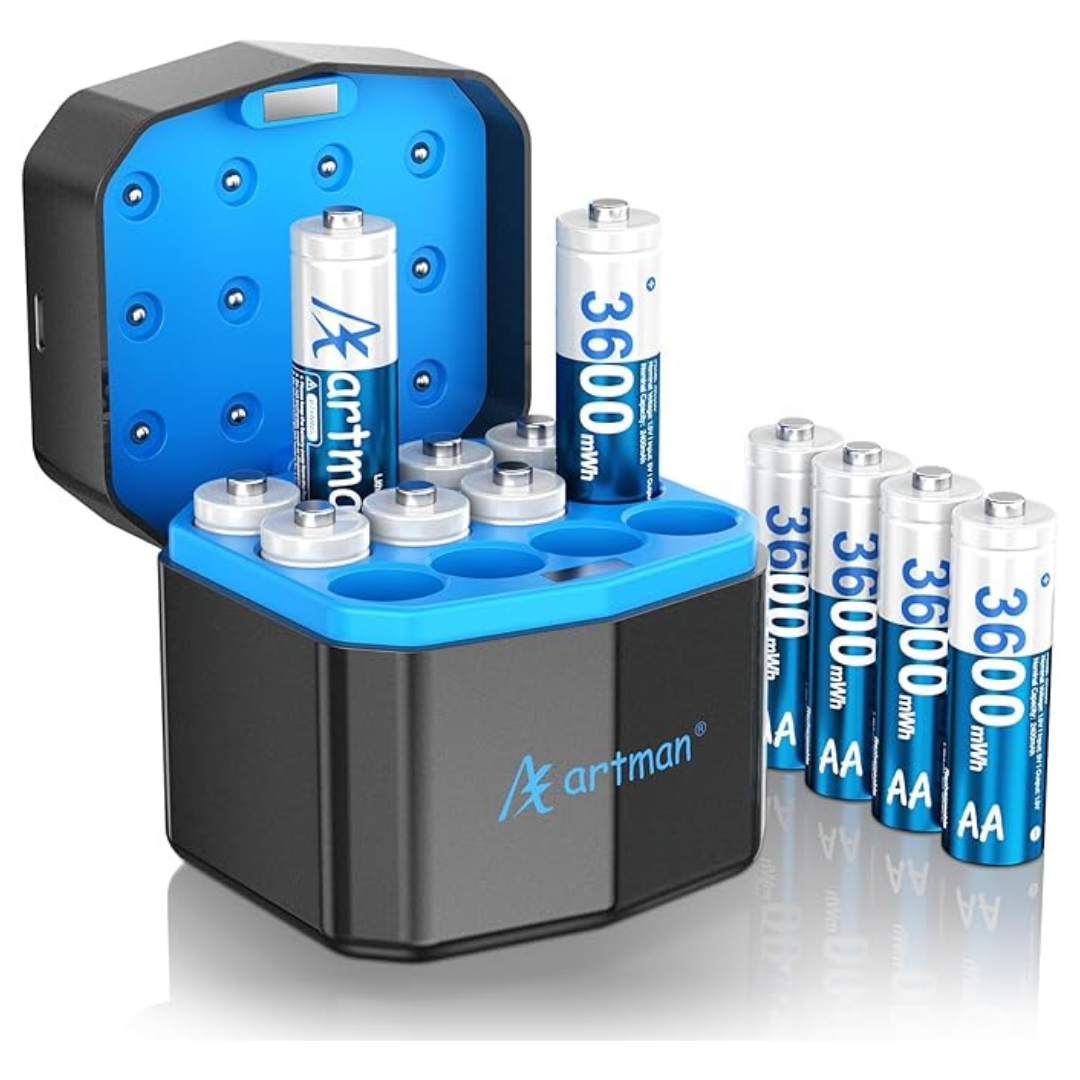 Artman 12-Slot Rechargeable Storage W/ 12-Pack AA 3600mWh Batteries