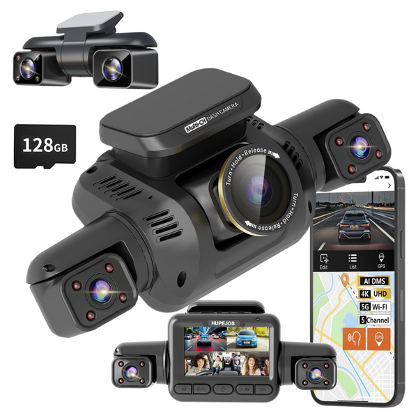 5-Channel 360 deg 4K UHD AI Front & Rear Dash Cam W/ 128G Card