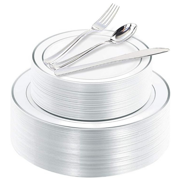 WELLIFE 200 Pcs Silver Plastic Disposable Dinnerware Set (Service For 40)