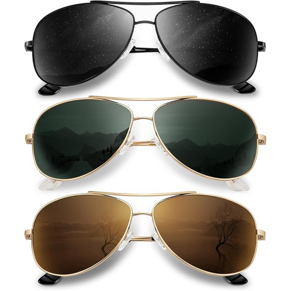 3-Pack Aviator Polarized Sunglasses with UV Protection (2-Colors)