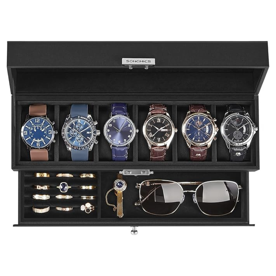 6-Slot Songmics Black Synthetic Leather Lockable Watch Case