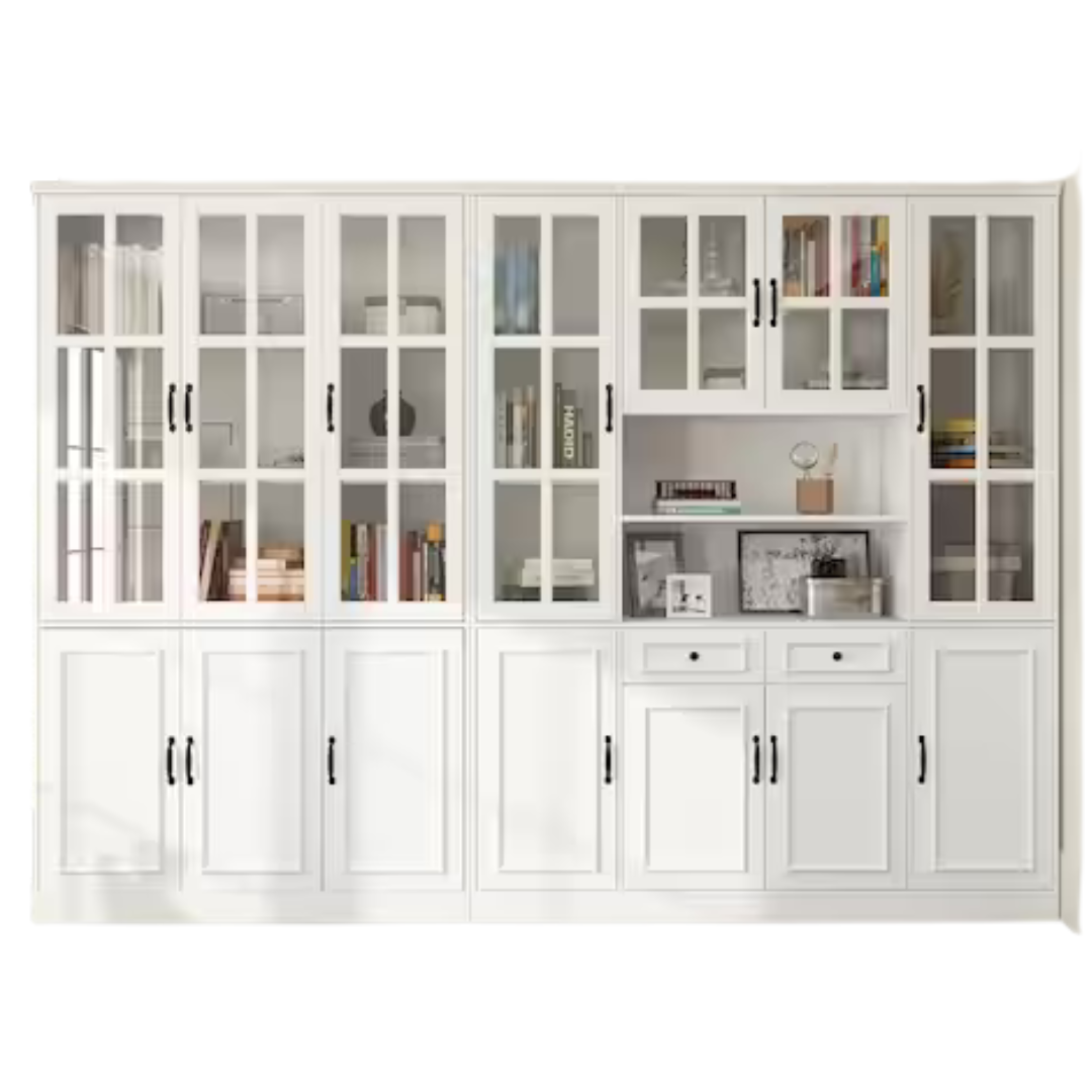 FUFU&GAGA 110.2 in. Width Luxurious Wide White Wooden 25-Shelves Accent Bookcase With Tempered Glass Door And 2-Drawers