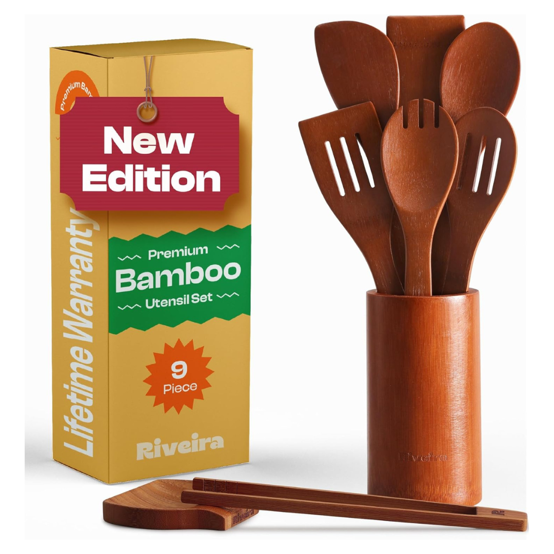 9-Piece Riveira Premium Brown Bamboo Wooden Spoons
