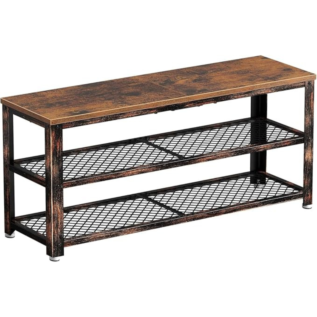 39.4" 3-Tier Shoe Rack with Mesh Shelves Wood Seat