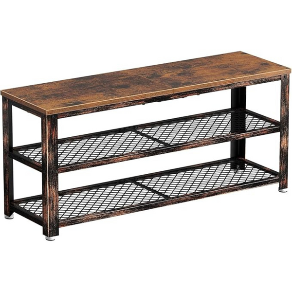 39.4" 3-Tier Shoe Rack with Mesh Shelves Wood Seat