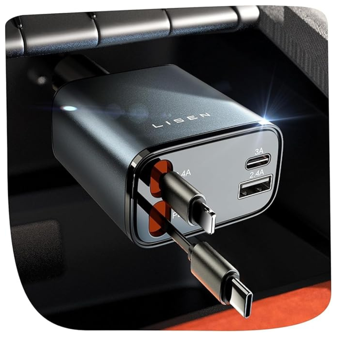 Lisen 4-in-1 69W Retractable Apple Lightning & USB-C Cable Car Charger
