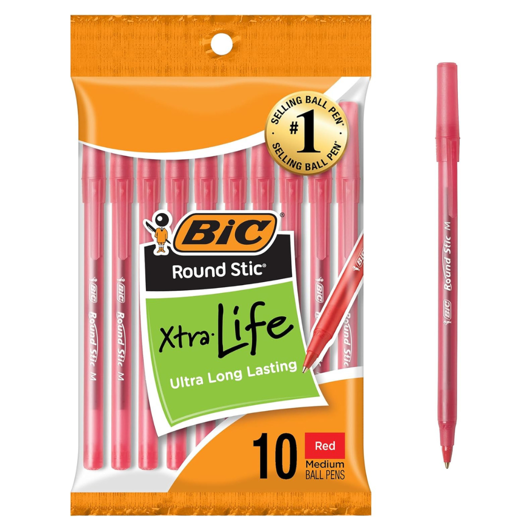 10-Count BIC Round Stic Xtra Life Red Ballpoint Pens