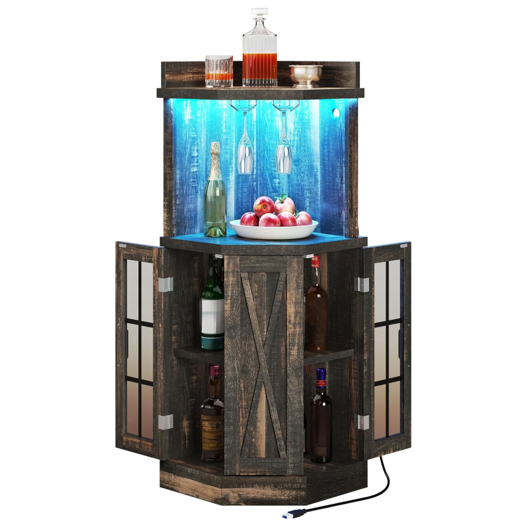 4-Tiers 53" Corner Bar Cabinet with Glass Door & LED Lights