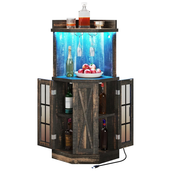 4-Tiers 53" Corner Bar Cabinet with Glass Door & LED Lights