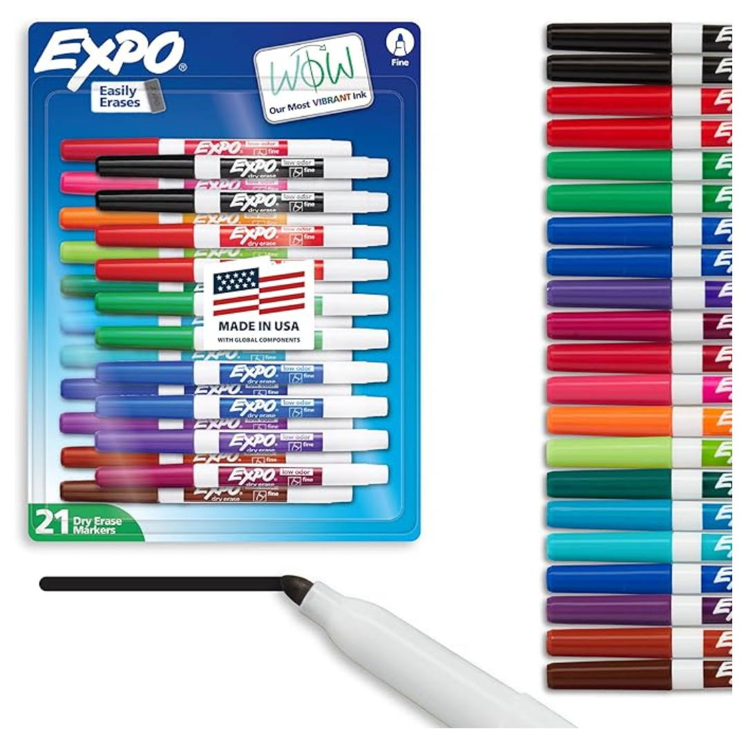 EXPO Dry Erase Whiteboard Markers With Low Odor Ink Fine Tip Assorted Vibrant Colors (21 Count)