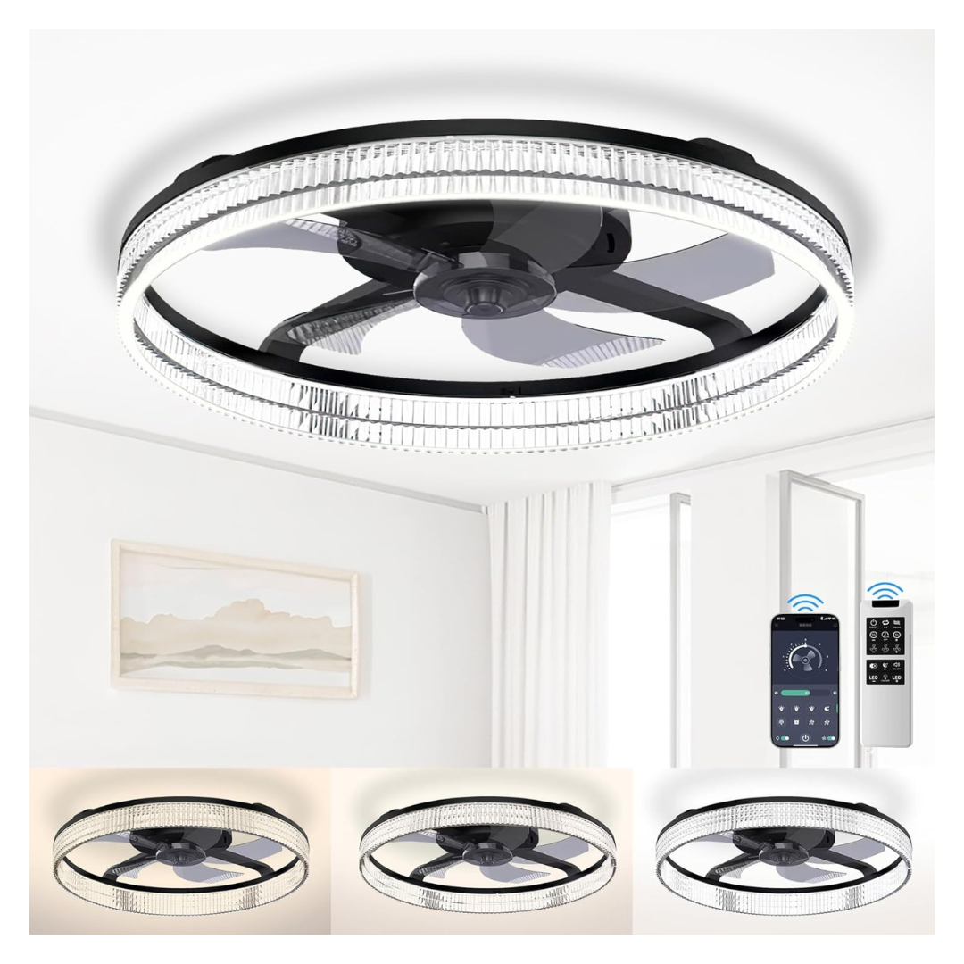 20" Modern 6 Speeds Flush Mount LED Lights Ceiling Fan