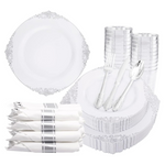Liacere 350 Pcs Silver Plastic Disposable Plastic Dinnerware Set With Pre-Rolled Napkins And Cutlery (Service For 50)