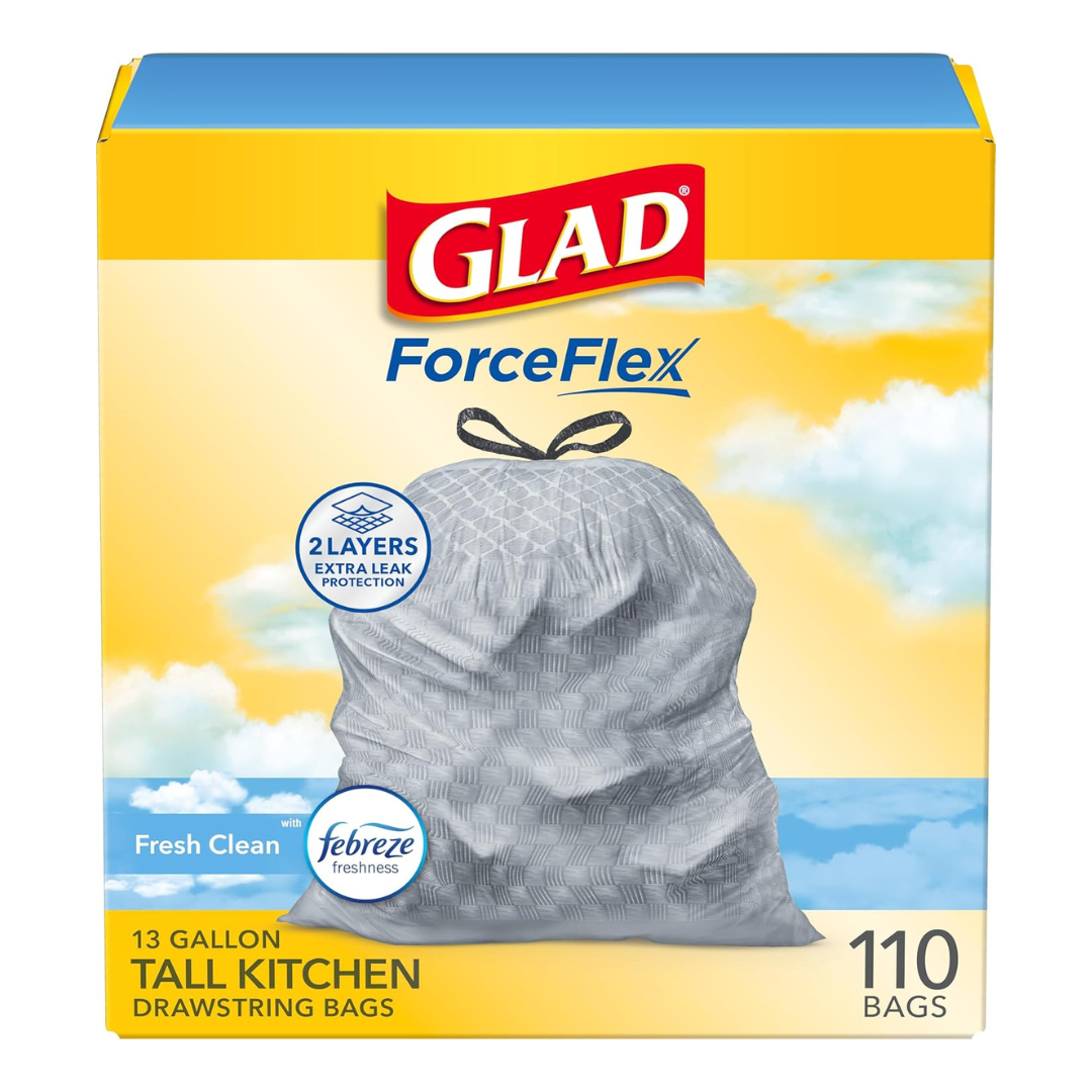 Glad Tall Kitchen Drawstring Odorshield 13 Gallon White Trash Bags, Febreze Fresh Clean (110 Count)