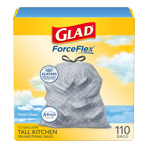 Glad Tall Kitchen Drawstring Odorshield 13 Gallon White Trash Bags, Febreze Fresh Clean (110 Count)