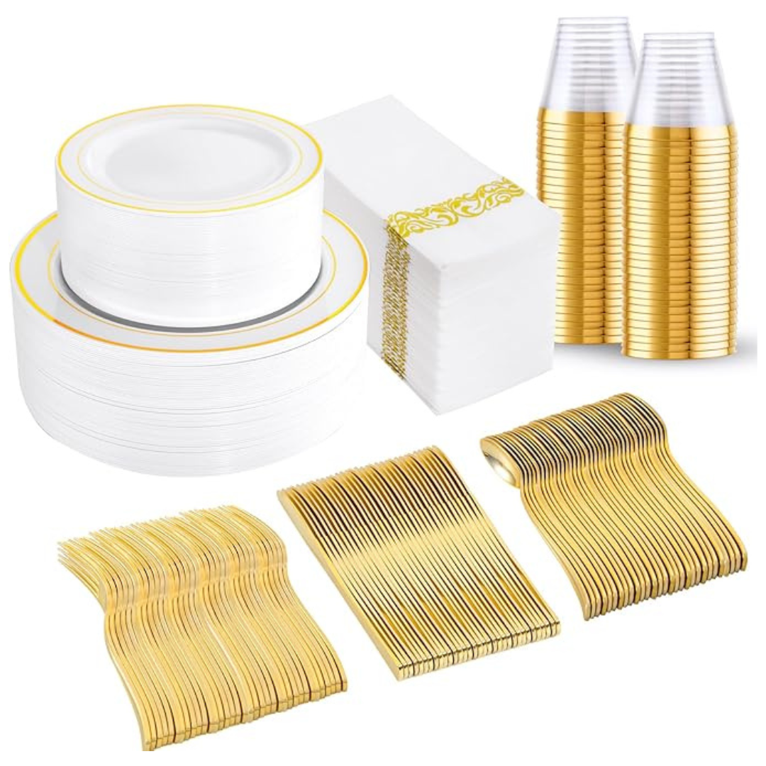 350-Pieces Gold Plastic Disposable Dinnerware Set for 50 Guests