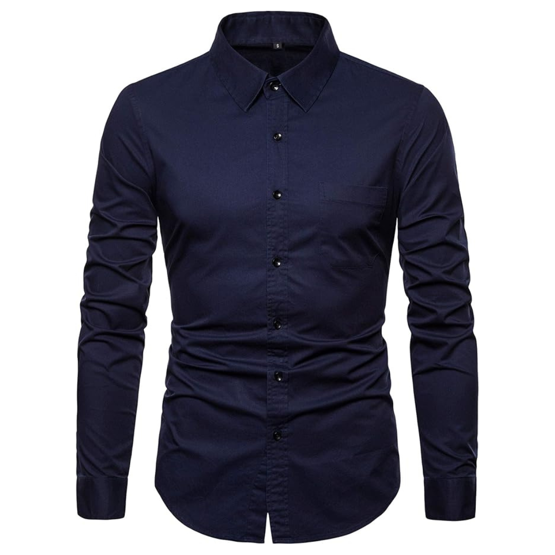 Men's Long Sleeve Casual Button Down Dress Shirts (Navy Blue, L)