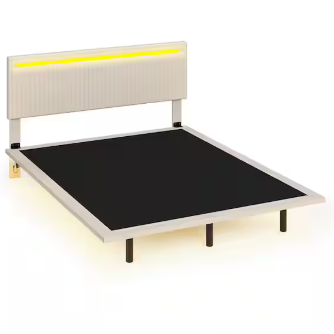 Floating Design Beige Wood Frame Queen Size Velvet Platform Bed
